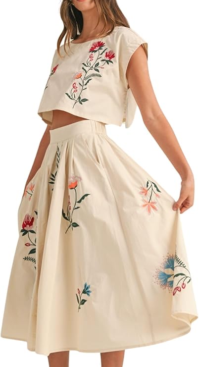 A floral linen mini dress or a two-piece matching set (top and skirt) in a pastel shade.
