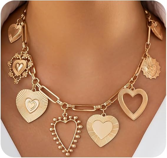 Heart-shaped pendants or chunky gold chains are huge this season.